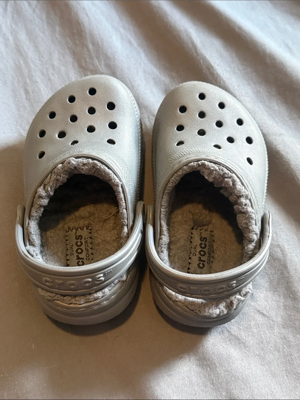 CROCS Kids Metallic Silver Fuzz-Lined Clogs with Heel Strap